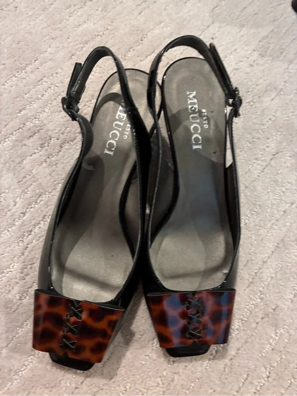 Sesto Meucci Black Patent Slingback Wedges with Tortoiseshell Wedge